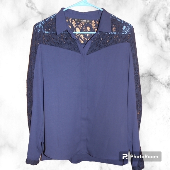 Zara Laceed Sleeves Navy Blue Blouse - Picture 1 of 7